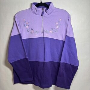 Haband Colorblock Floral Embroidered Quarter Zip Pullover Sweatshirt Women's L